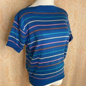 Vintage blue and rainbow stripe dolman short sleeve sweater